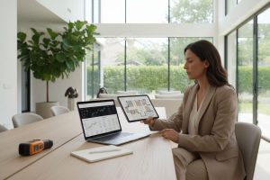 Femme d'affaires analysant données et plan