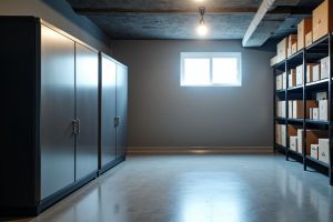 Sous-sol aménagé avec étagères de rangement