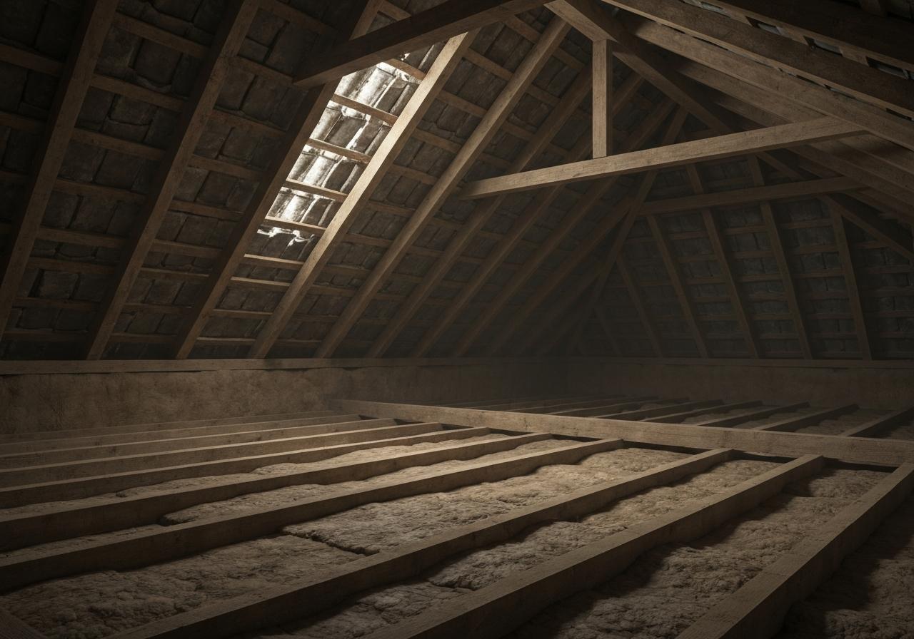 Comble de maison ancienne sous toiture avec charpente en bois