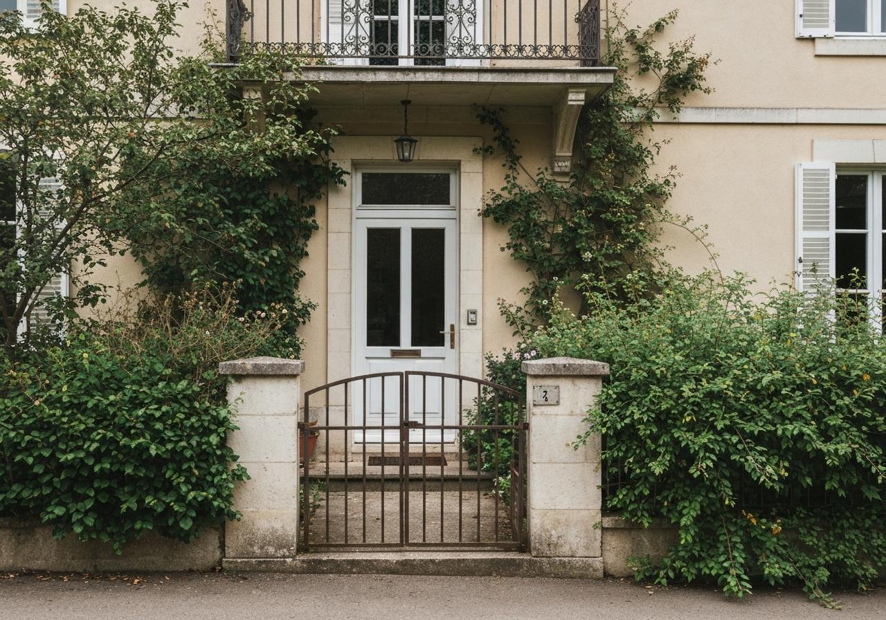 Façade de maison abandonnée avec végétation envahissante