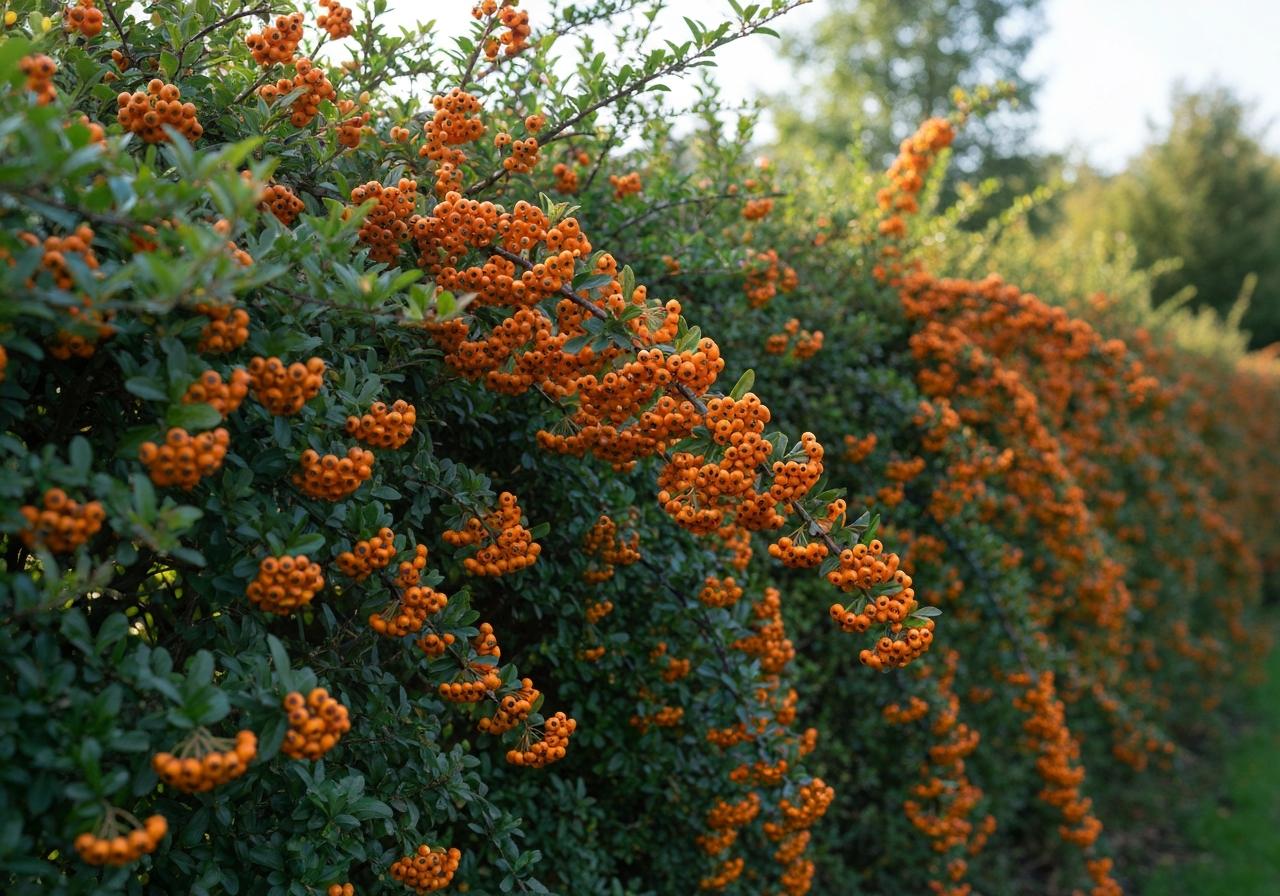Haie de pyracantha dense avec baies oranges en automne