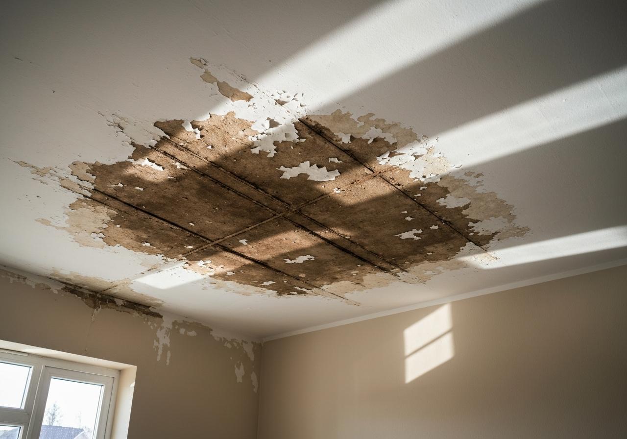 Plafond intérieur avec tache d'humidité et infiltration visible