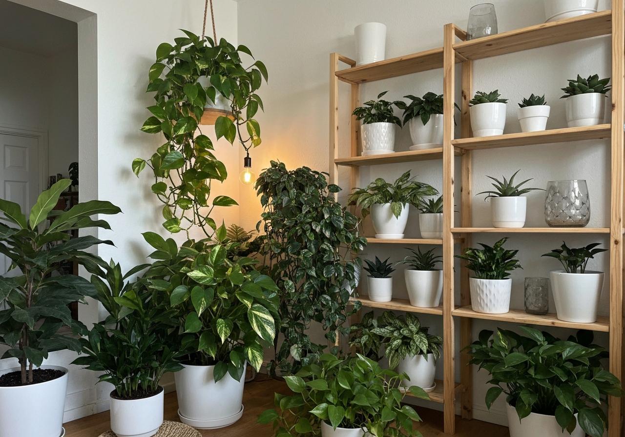 Plusieurs plantes d'intérieur dans un couloir sombre