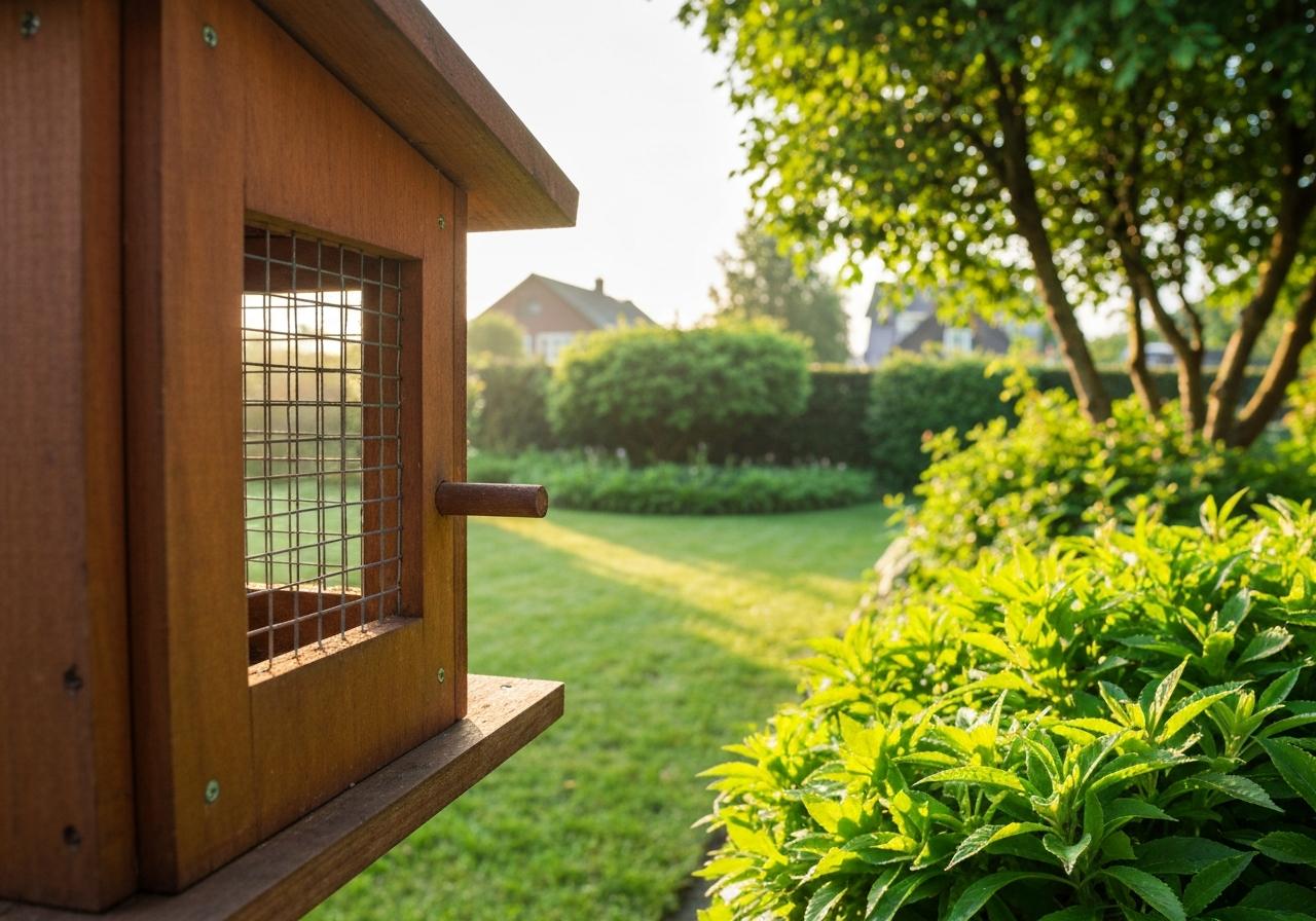 Poulailler en bois dans un jardin verdoyant ensoleillé