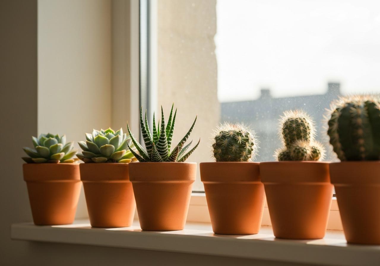 Rebord de fenêtre avec petites plantes en pots terre cuite