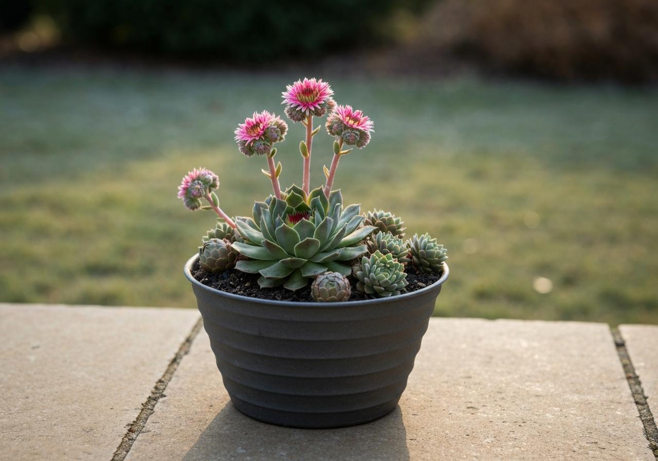 Sempervivum et sedum en pot extérieur hiver