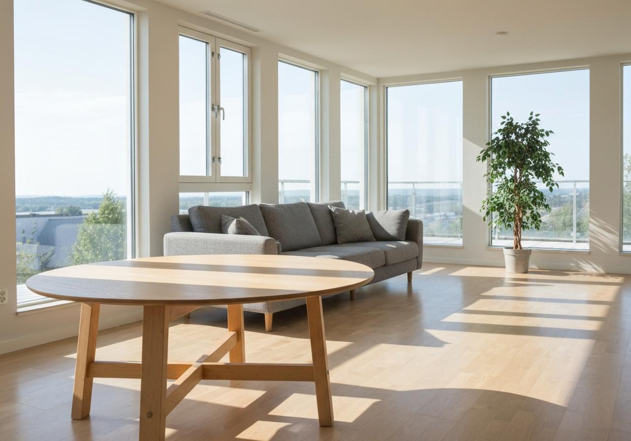 Table basse ronde bois dans salon scandinave lumineux