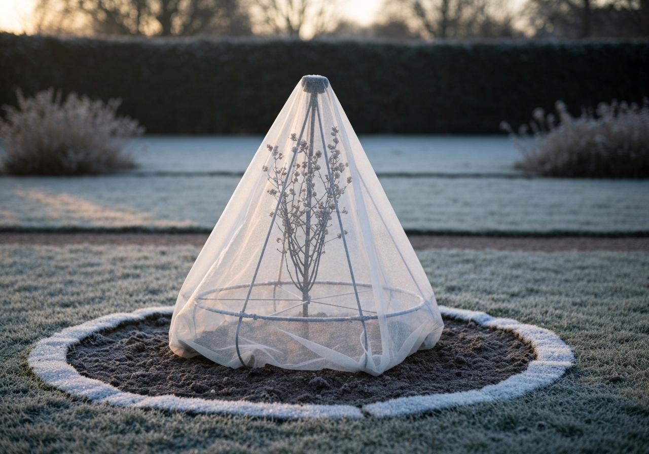 Voile d'hivernage blanc posé sur arbuste au jardin en hiver