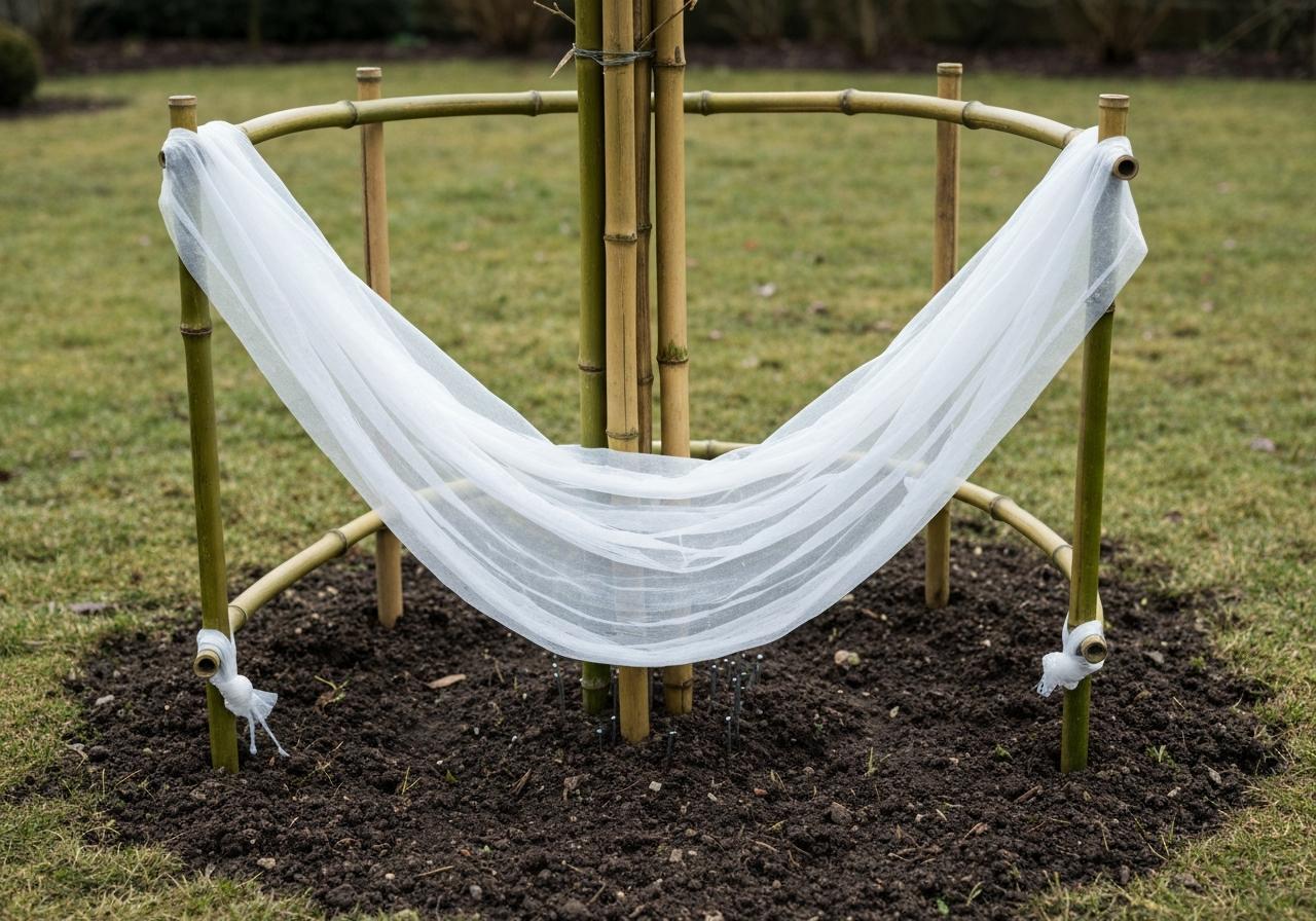 Voile d'hivernage blanc posé sur armature dans jardin