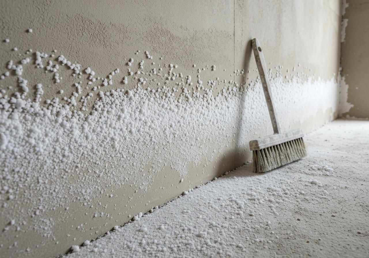 Brosse métallique sur mur salpêtré dépôts blanchâtres