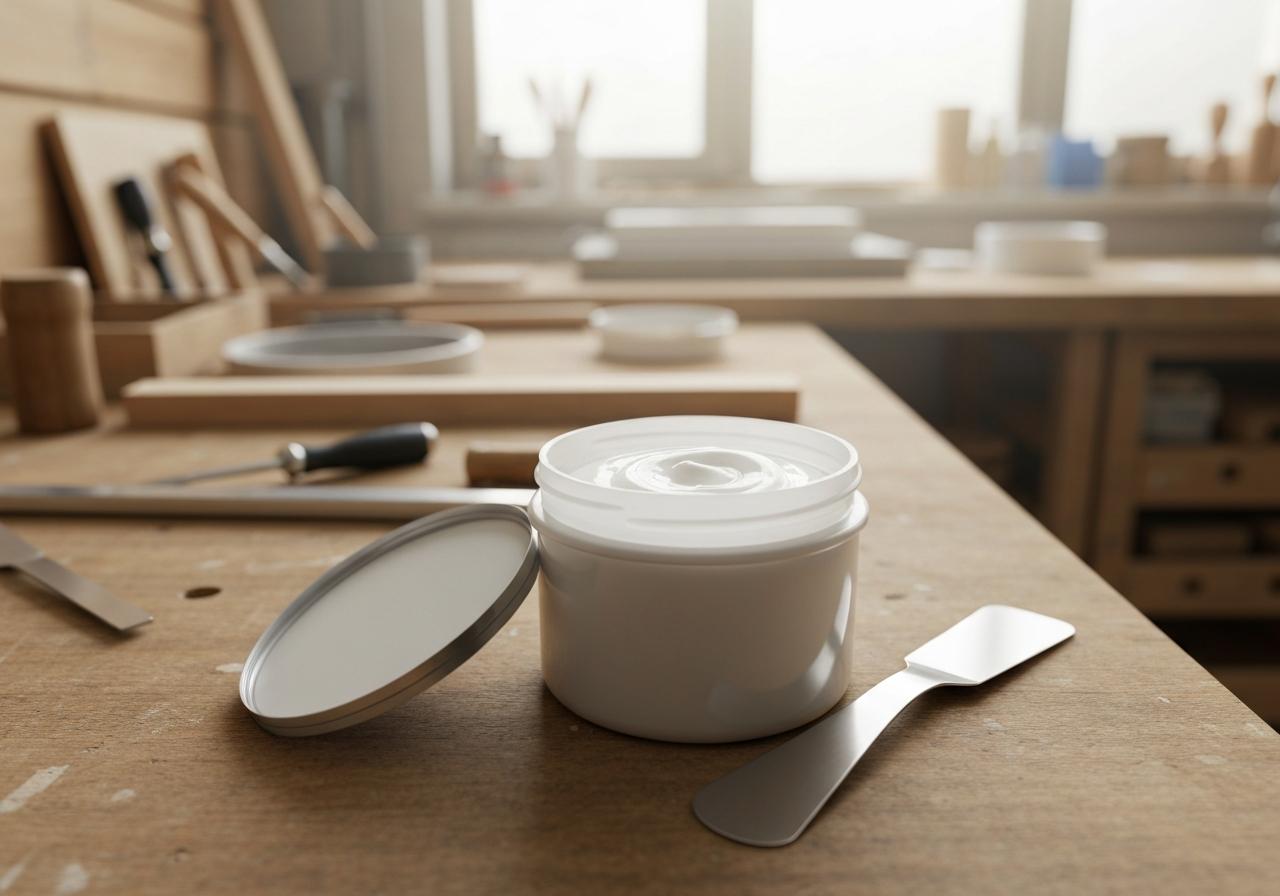 Pot d'enduit fibré en pâte et couteau à enduire sur établi
