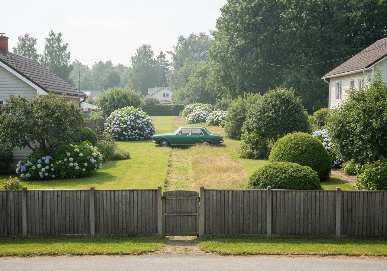 Bande de terrain entre deux propriétés avec clôture et stationnement
