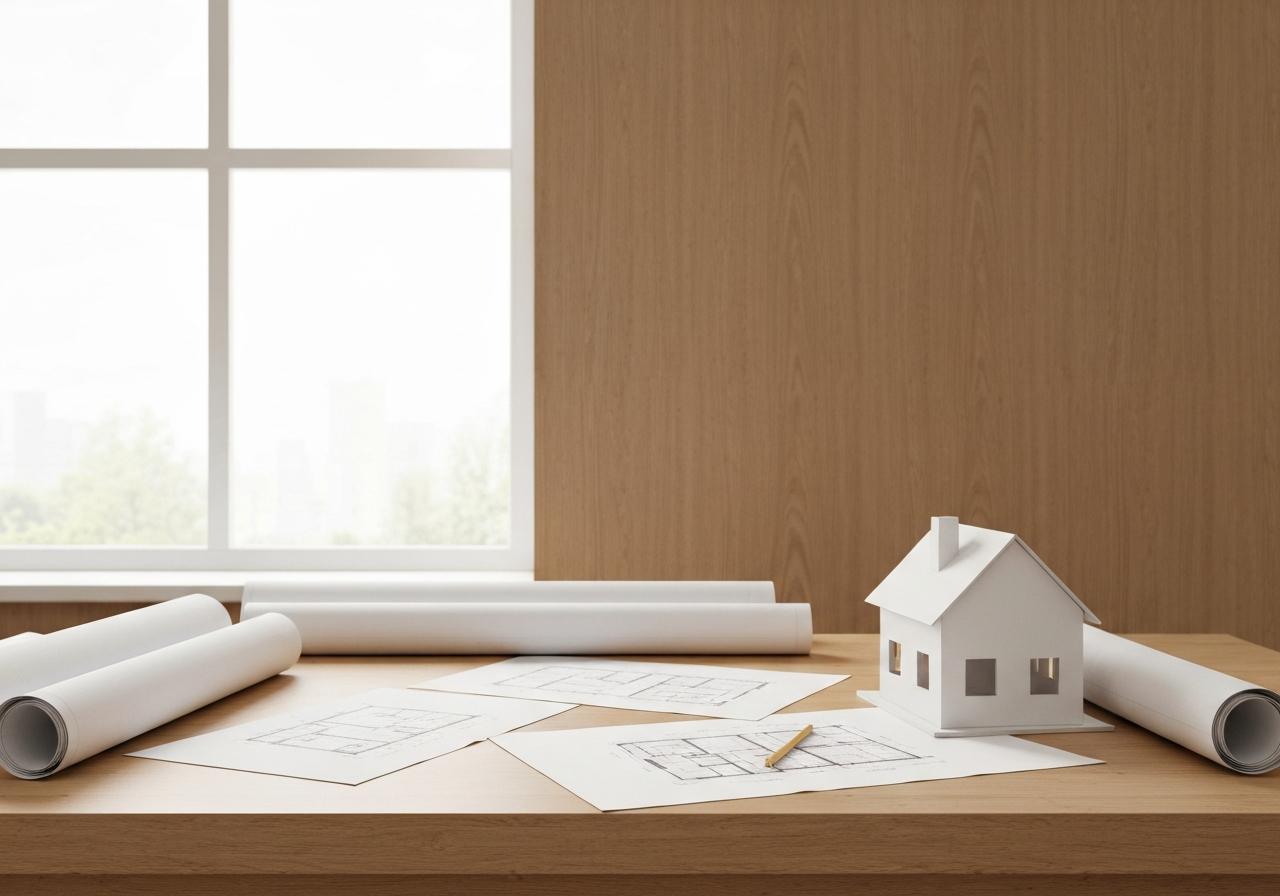 Plans architecturaux et portfolio professionnel sur table