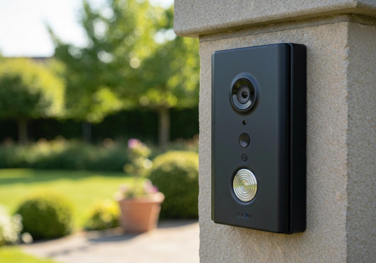 Platine de rue visiophone sans fil fixée sur pilier de portail