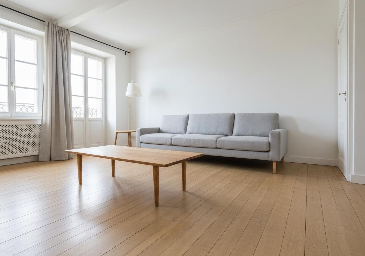 Salon minimaliste aéré avec mobilier épuré et espace dégagé