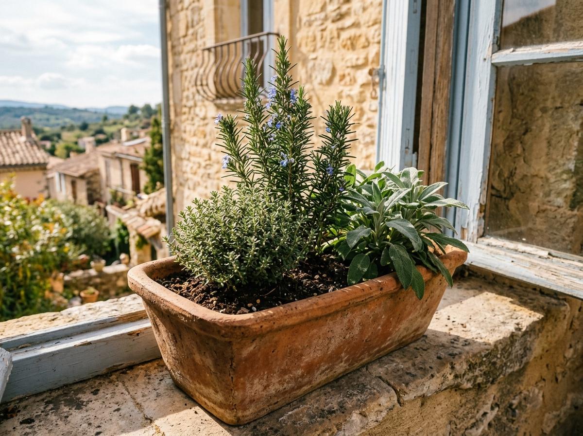 Jardinière d'herbes aromatiques méditerranéennes thym romarin sauge