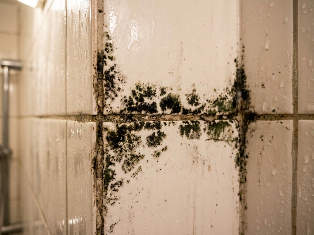 Moisissures noires sur mur humide de salle de bain