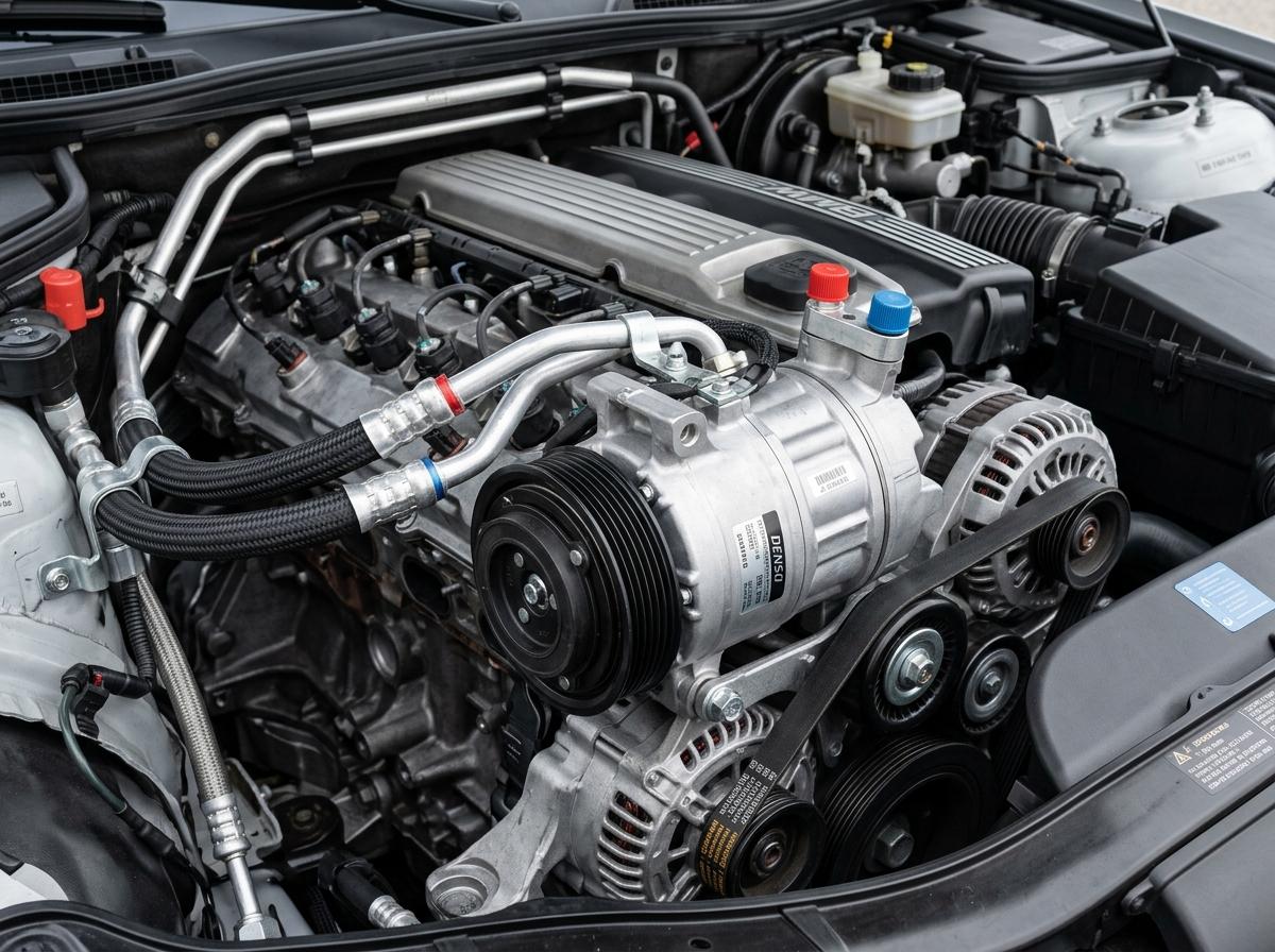 Compresseur de climatisation automobile dans compartiment moteur