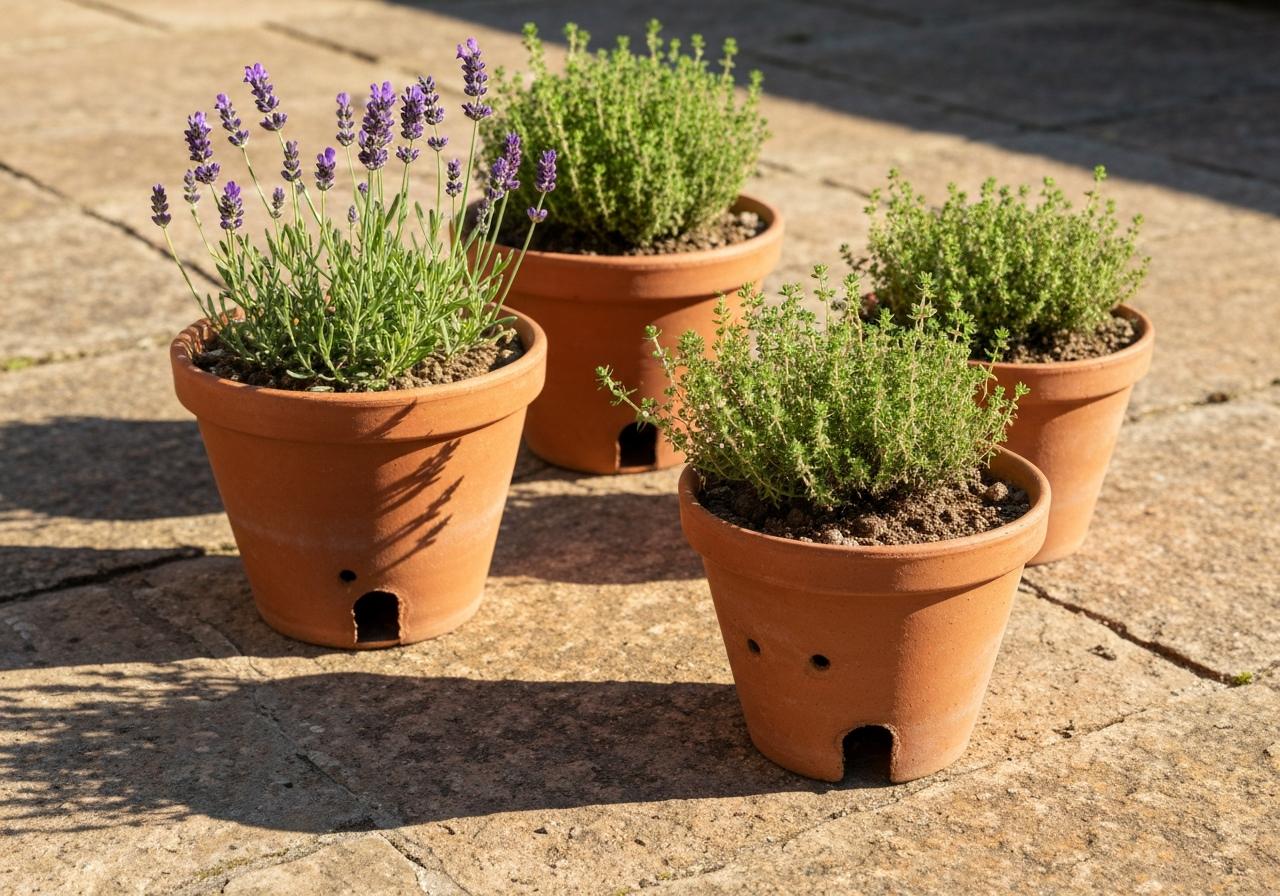 Petits pots en terre cuite avec lavande et thym en plein soleil