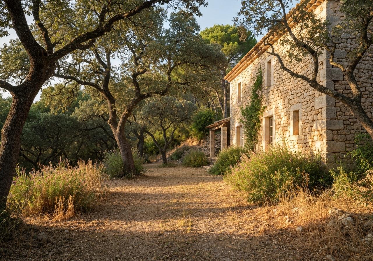 Végétation dense autour d'une maison en zone forestière méditerranéenne