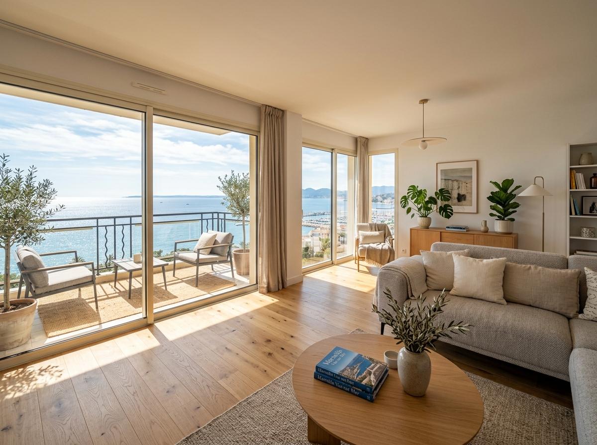 Salon lumineux orienté sud avec vue dégagée sur la mer