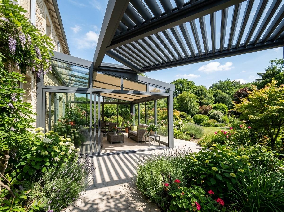 Pergola bioclimatique à lames orientables au-dessus d'une véranda