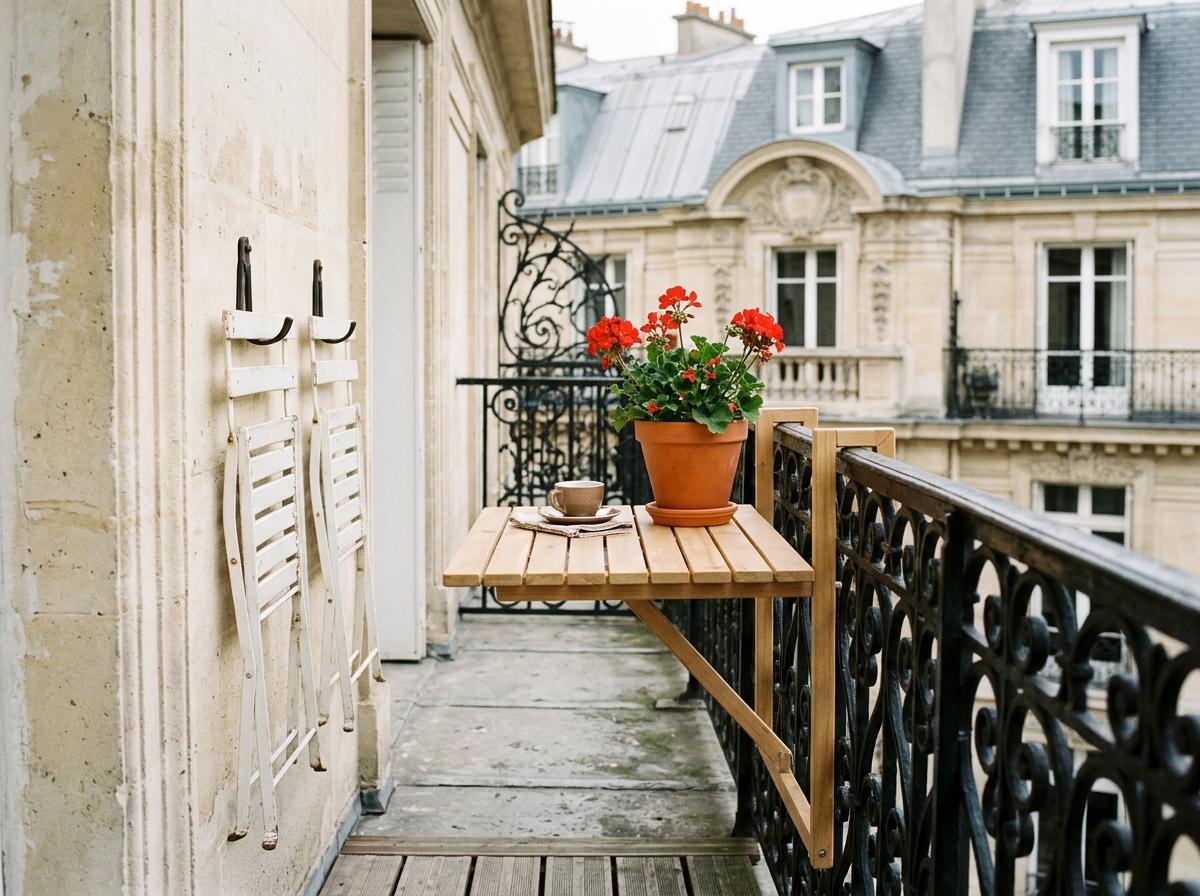 Table suspendue pliante fixée à un garde-corps de balcon