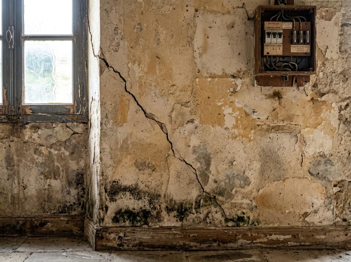 Fissure et traces d'humidité sur un mur ancien