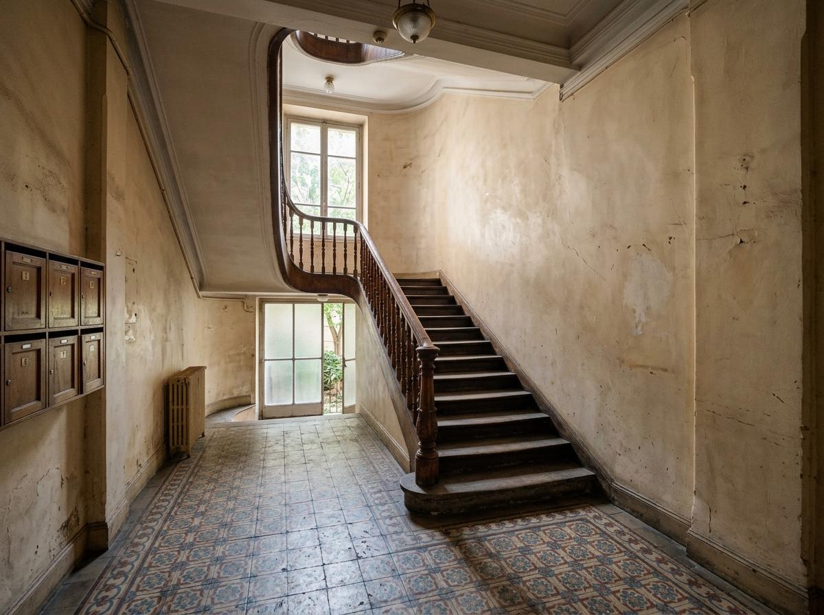 Cage d'escalier et hall d'un immeuble ancien
