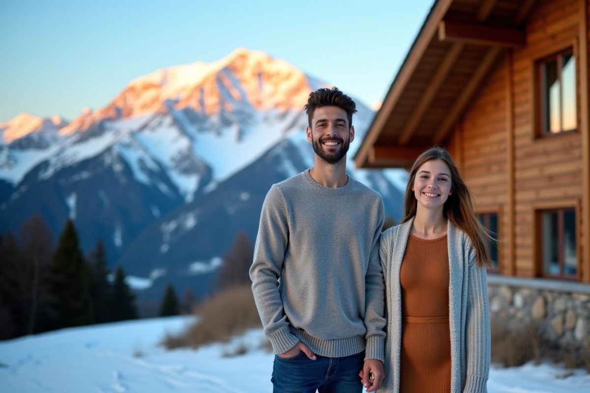 Couple souriant devant chalet de montagne