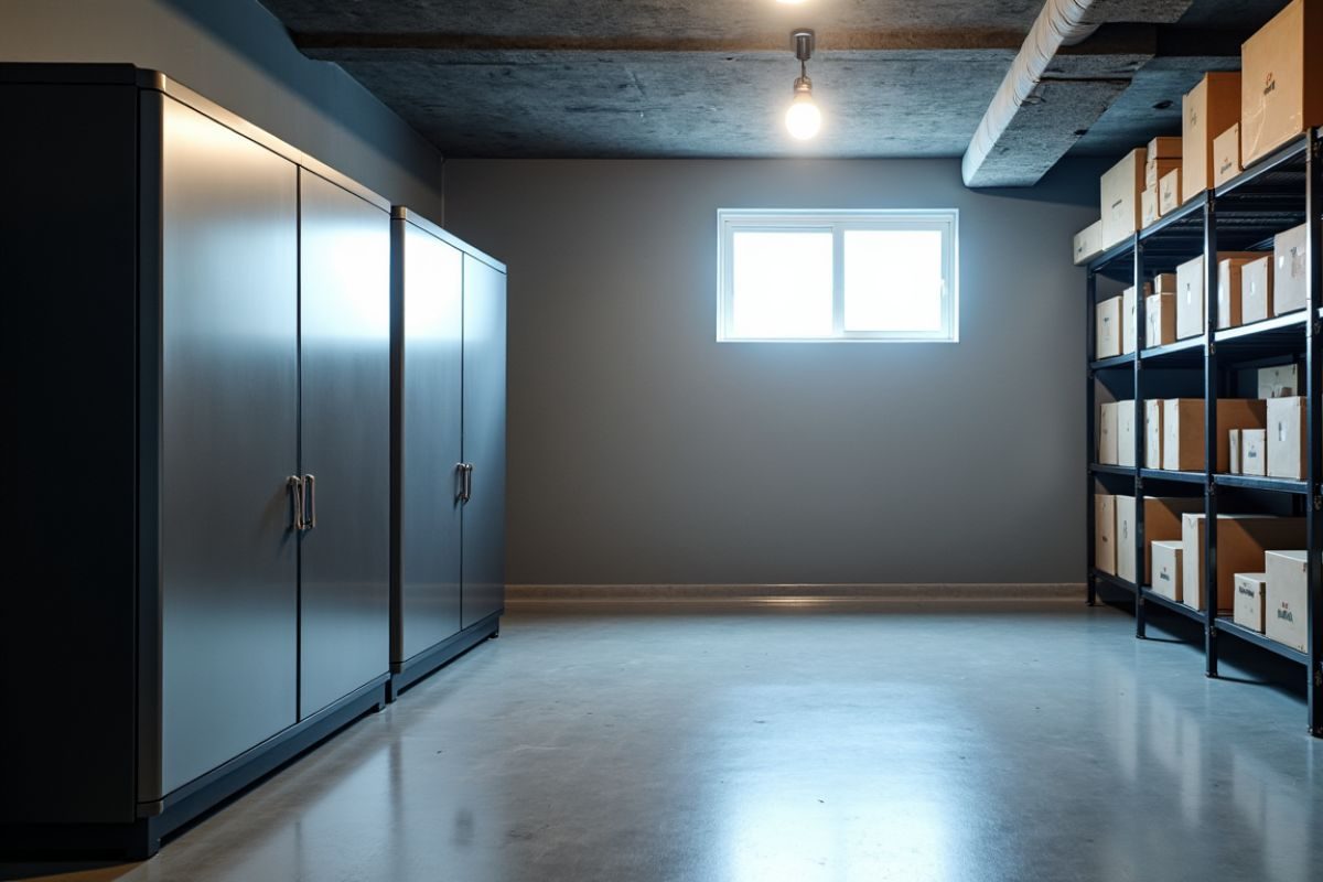 Sous-sol aménagé avec étagères de rangement